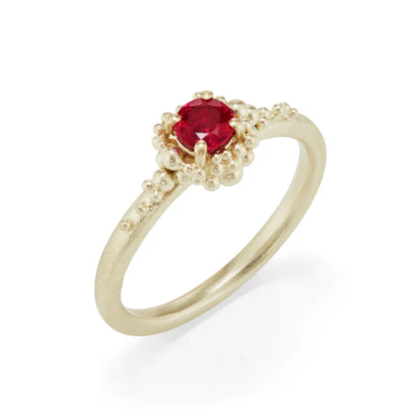 Ruby cluster granulation ring yellow gold